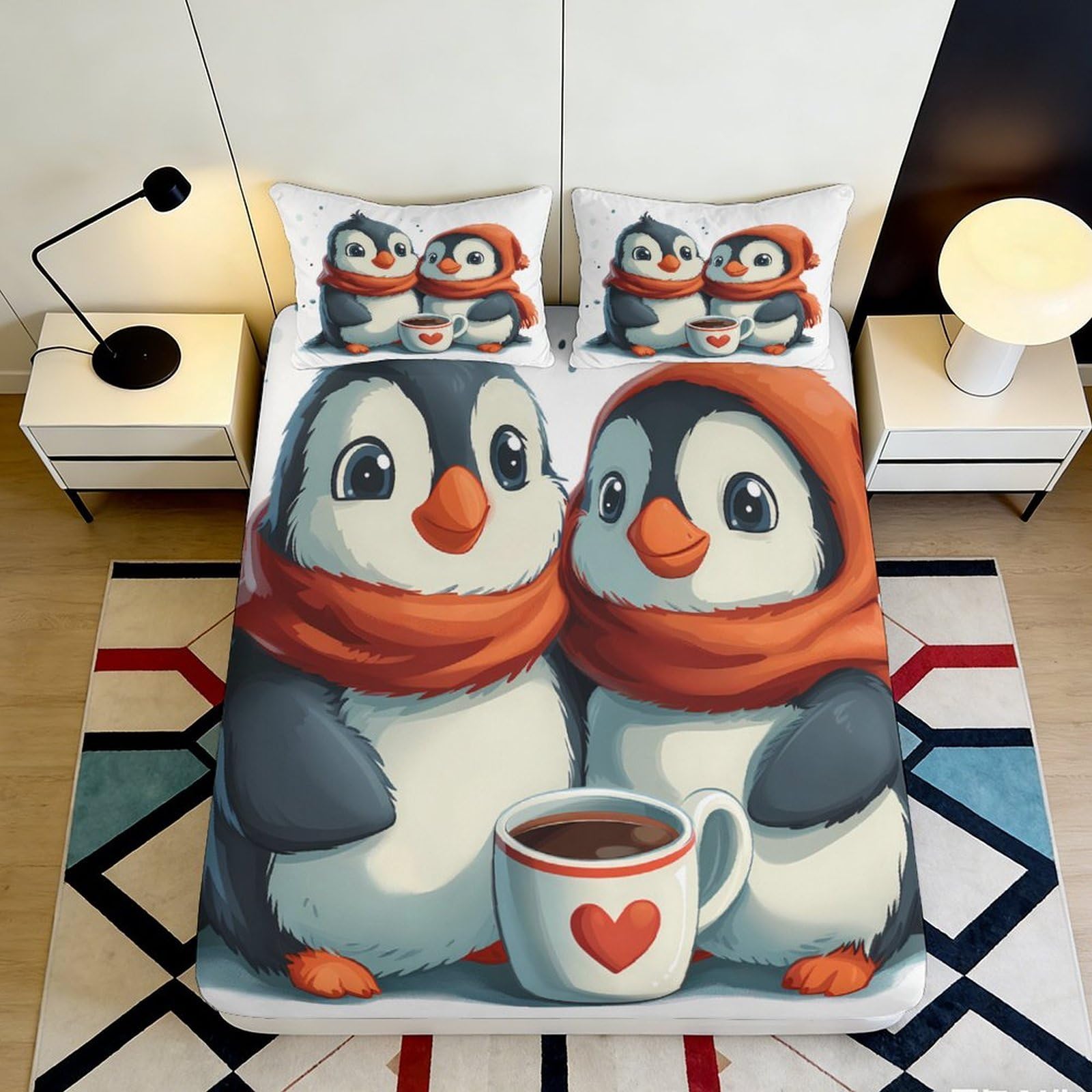 Kzqnxhjprl Style-9 3D Printed Cute Penguin Fitted Sheet Microfiber Soft Cartoon Couple Mattress Cover For Bedroom Dorm Decor Easy Care 90X200x25cm