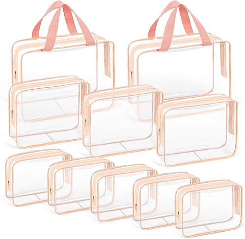 TISRATOK 10 piezas de maquillaje de viaje transparente, plástico PVC cosmético aprobado por la TSA kit organizador con cremallera bolso, anaranjado,