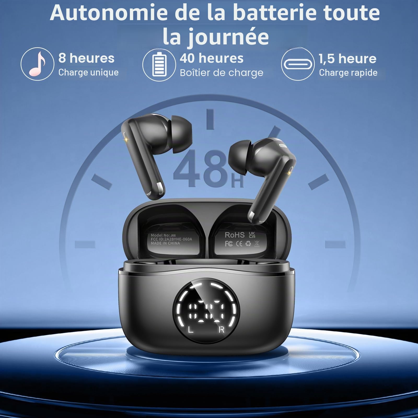 Casque Bluetooth, écouteurs Bluetooth 5.4 sans Fil dans l'oreille ENC Annulation du Bruit avec 4 Microphone, écouteurs Bluetooth 48 Heures de Lecture, Casque sans Fil étanche pour Android/iOS