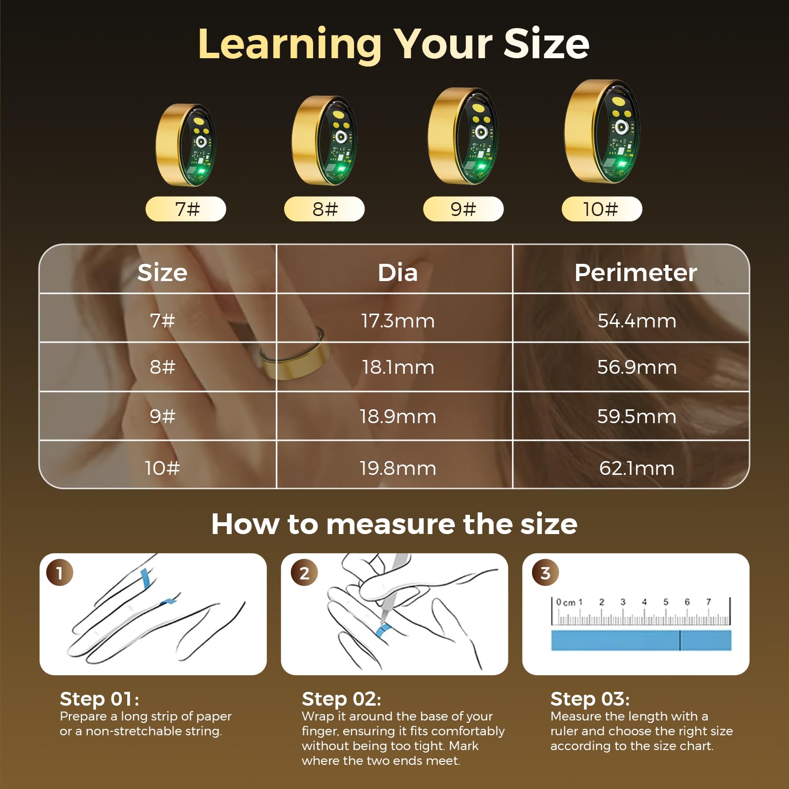 Fervidus Smart Health Ring for Women Men, Fitness Tracker with Heart Rate, Blood Oxygen, Blood Pressure, Sleep Monitoring, Step Counting, IP68 Waterproof for iPhone and Android, Size 10