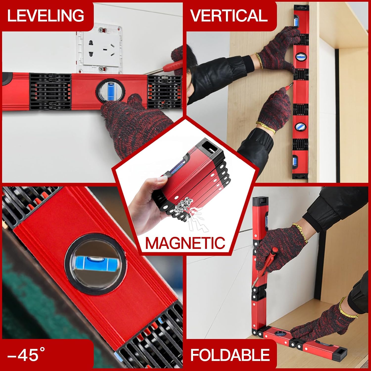 28 Inch Foldable Level Tool, Multi-Angle Magnetic Aluminum Alloy Level with 4 Bubble Vials, Portable Folding Measuring Level for Woodworking Carpentry Construction DIY