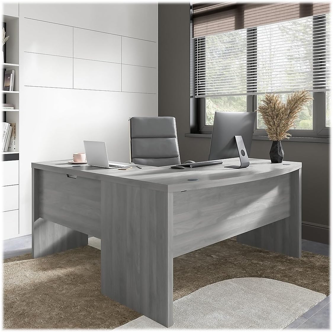 Bush Business Furniture Echo L Shaped Bow Front Office Desk in a modern office setting