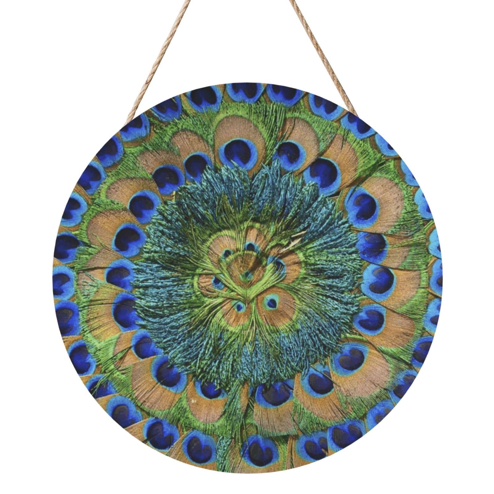 InOmak Fashion Peacock Feathers, Round Wood Panel Painting 12 in, Wall Hanging Painting For Home