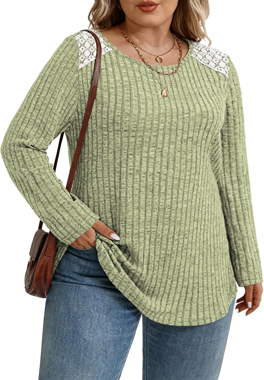 ROSRISS Plus-Size Sweaters for Women Casual Lace Ribbed Knit Pullover Tops Trendy Soft Long Sleeve Crew Neck Shirts XL-5XL