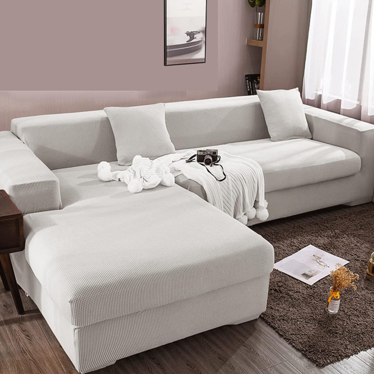 Stretch Sectional Couch Covers Soft L Shaped Sofa Slipcovers with Elastic Bottom , Chaise Lounge Set for Living Room 3 Seat+4 Seat Sofa2 Pieces（Chaise,Light White