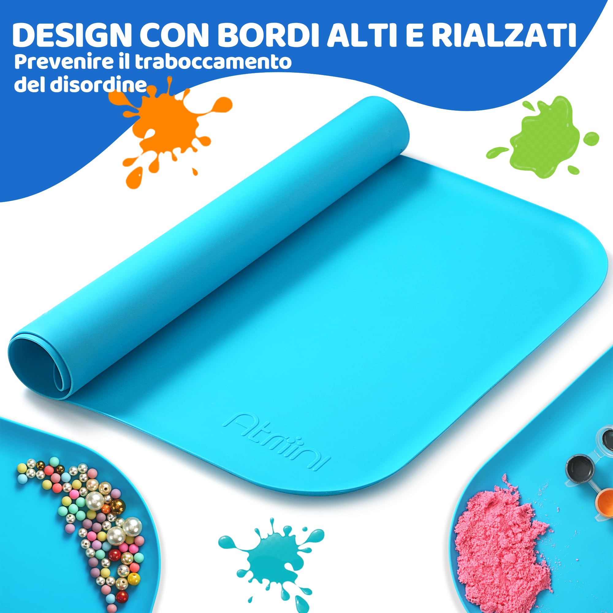 AtMini Tappetino in silicone grande 60x40 cm per artigianato, sabbia, pittura, resina, gioielli fatti a mano, disegno, multiuso con bordi rialzati (blu)