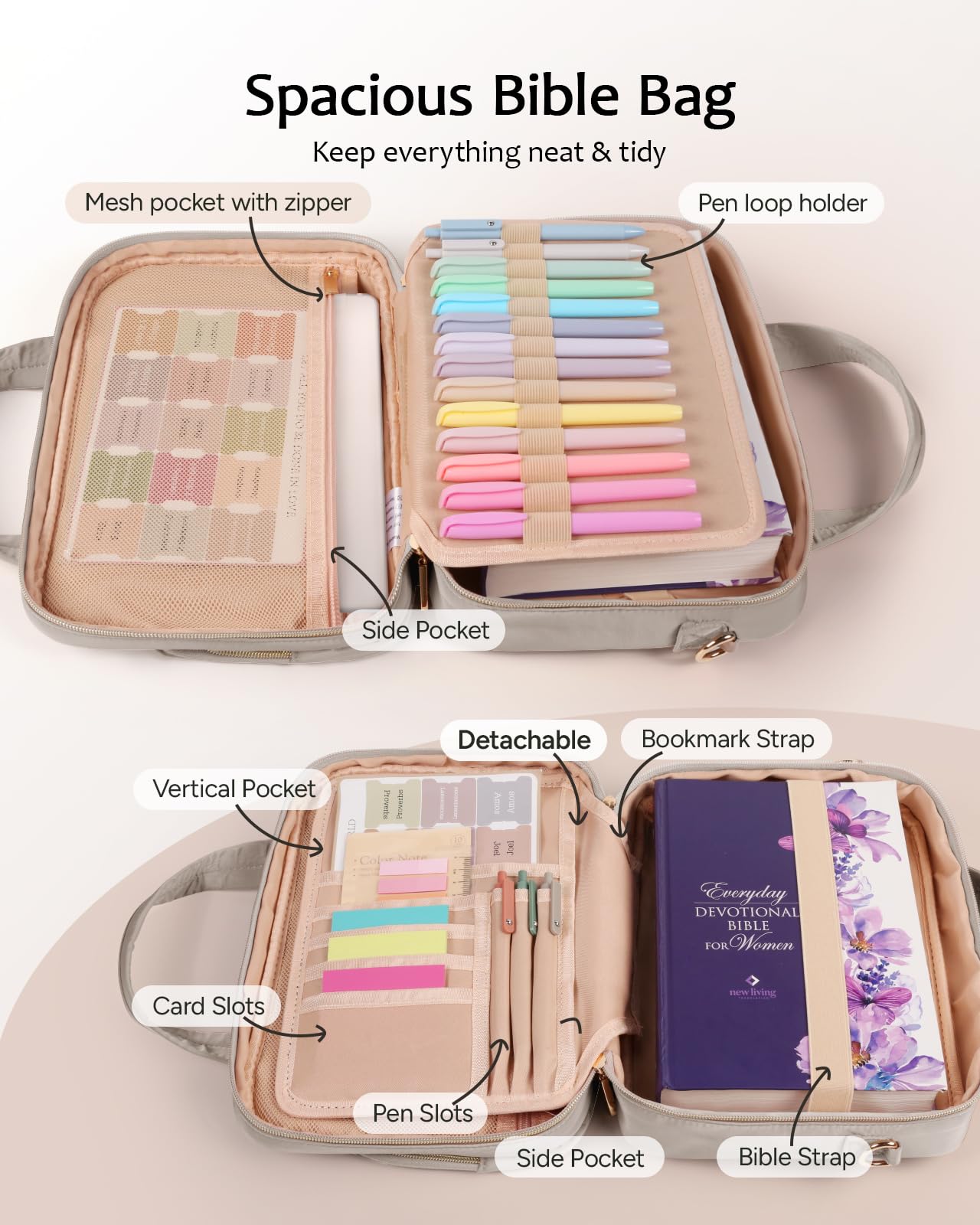 BellaHold Fournitures d'étude biblique – Étui de couverture de la Bible pour femme, 17 surligneurs et stylos de Bible sans bavure, 75 onglets de Bible, kit de journal de la Bible et cadeau chrétien