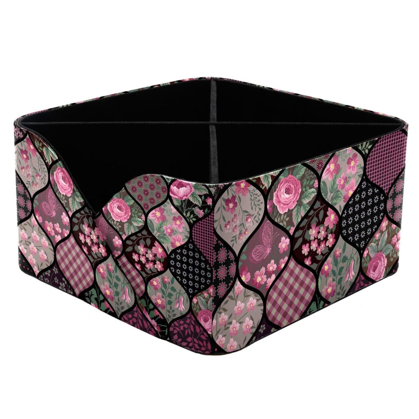 KengjuTesu Floral Roses Geometry Pattern Desktop Organizer Pen Holder, Rectangular Pencil Cup for Office, Study and Makeup Stations