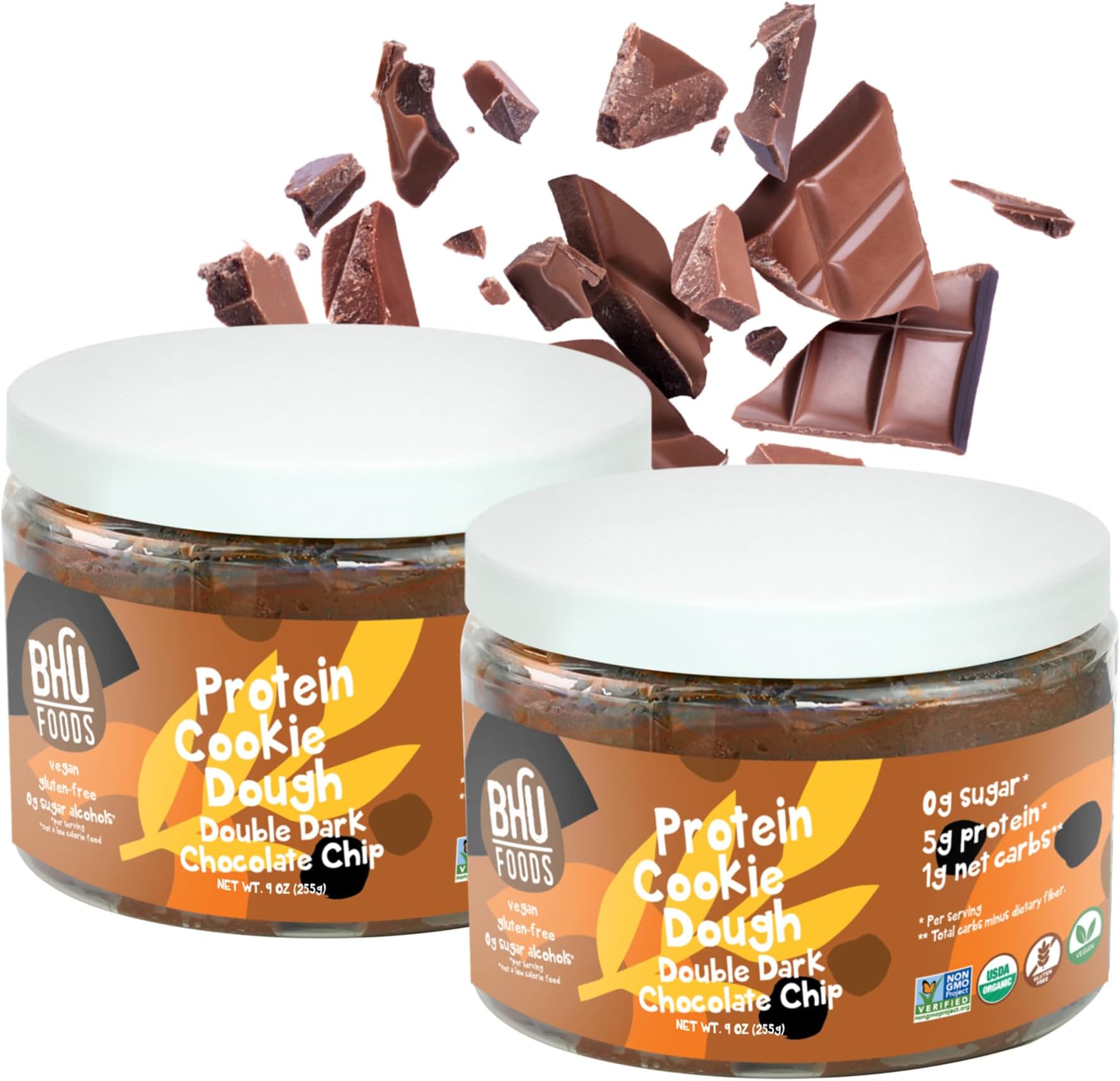 BHU Foods Keto Protein Cookie Dough, Double Dark Chocolate Chip, 1g Net Carbs, USDA Certified Organic, Vegan, Gluten Free, Dairy Free, Low Sugar, Low Carb Keto Snacks, 9 oz Jar (Pack of 2)USDA Organic