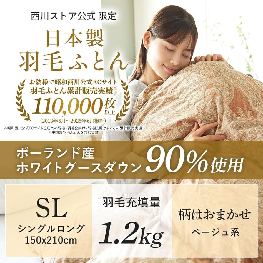 西川　羽毛布団　ポーランド産90% Amazon.co.jp: 昭和西川 羽毛布団 シングル 日本製 ポーランド産