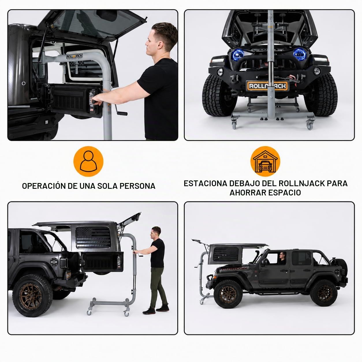 Levantamiento de techo duro para Jeep Wranglers: 2007 en adelante JK/JKU/JL/JLU + CJ, 2 y 4 puertas + Jeep elevados. Montaje rápido y fácil. Sistema para una persona. Desmontaje/instalación de techo