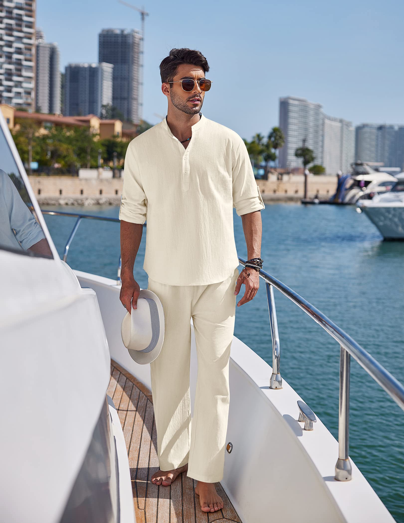 COOFANDY Uomo 2 Pezzi Cotone Lino Set Manica Lunga Henley Camicie Casual Pantaloni Da Spiaggia Con Tasche Estate Yoga Abiti, Beige, Large