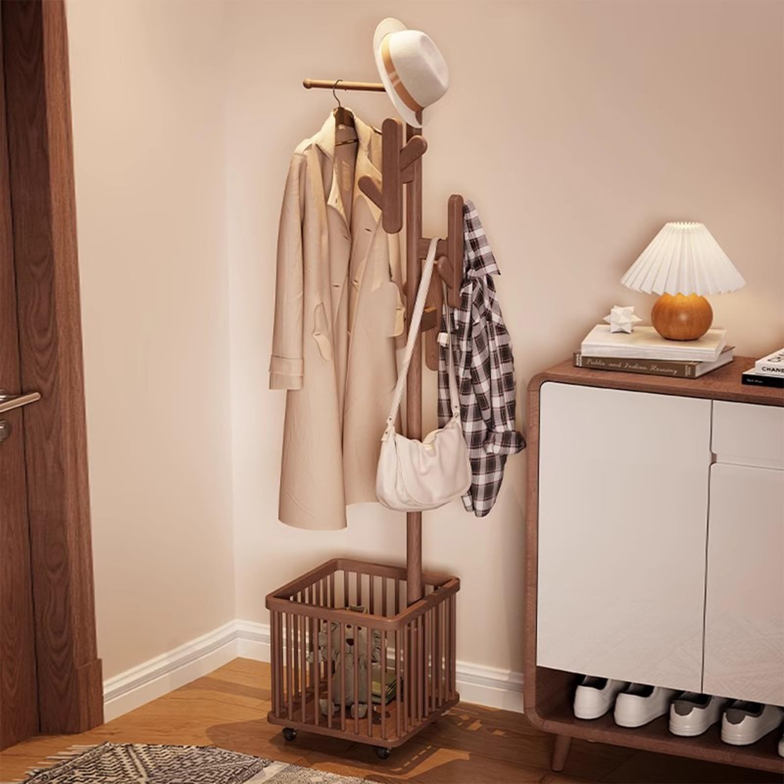 FGXHHS Walnut Coat Rack Tree, Free Standing Hanger for Coats & Hats, Space-Saving Rollable Design Bedrooms, Hallways, Entryways Office Stylish Functional Storage Solution