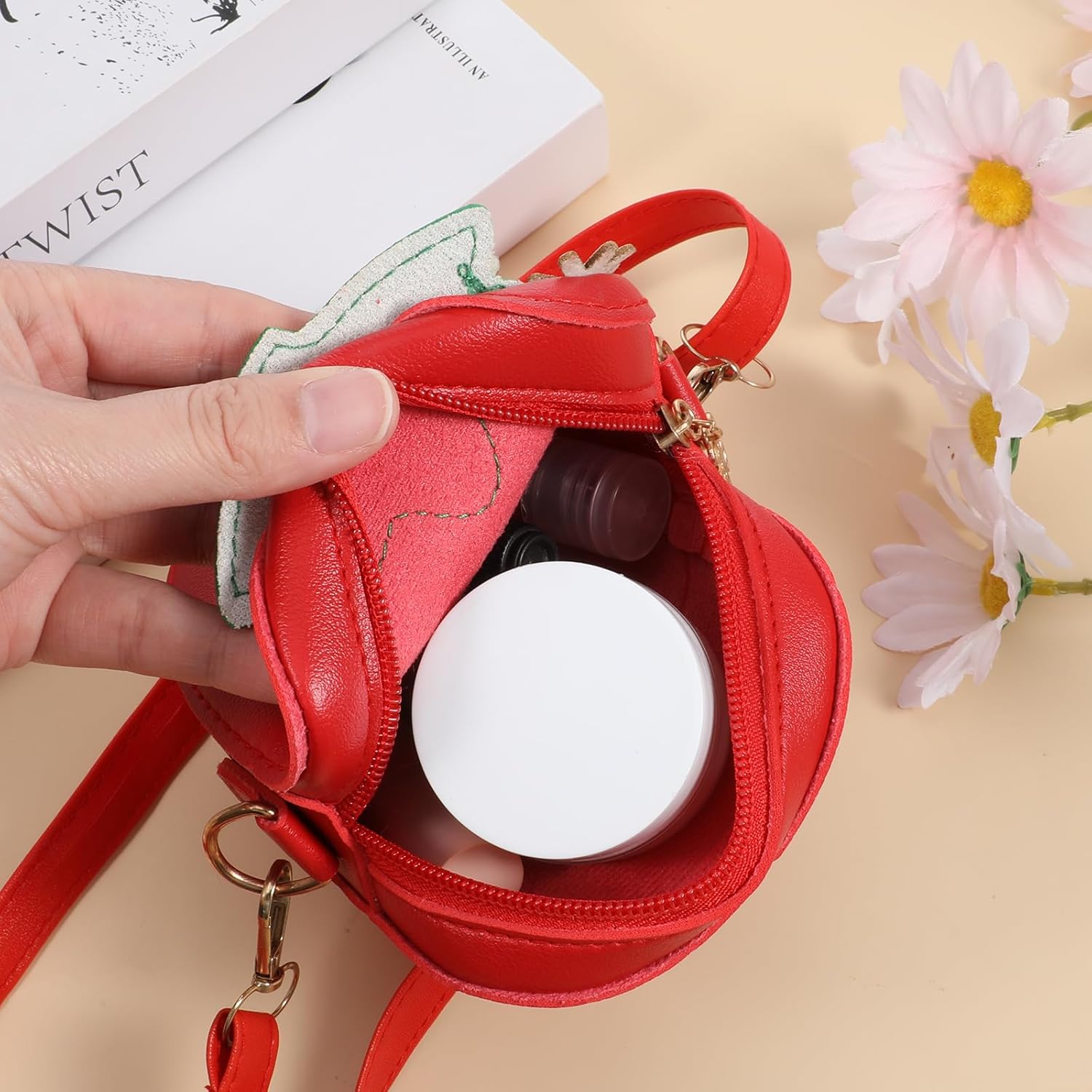 Cute Strawberry Purse with Rivets Crossbody Shoulder Bag Fruit Shaped Handbag Clutch Small Coin Pouch Wallet Birthday Gift Shoulder Bag for Little Girls (Red) - Image 4