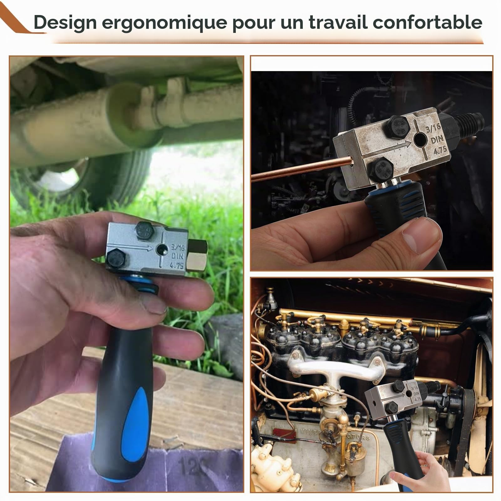 Kit d'évasement universel pour conduites de frein 3/16", outil d'évasement pour conduites de frein, 7,62 m de long avec Ø 4,75 mm et 16 raccords + 5 raccords