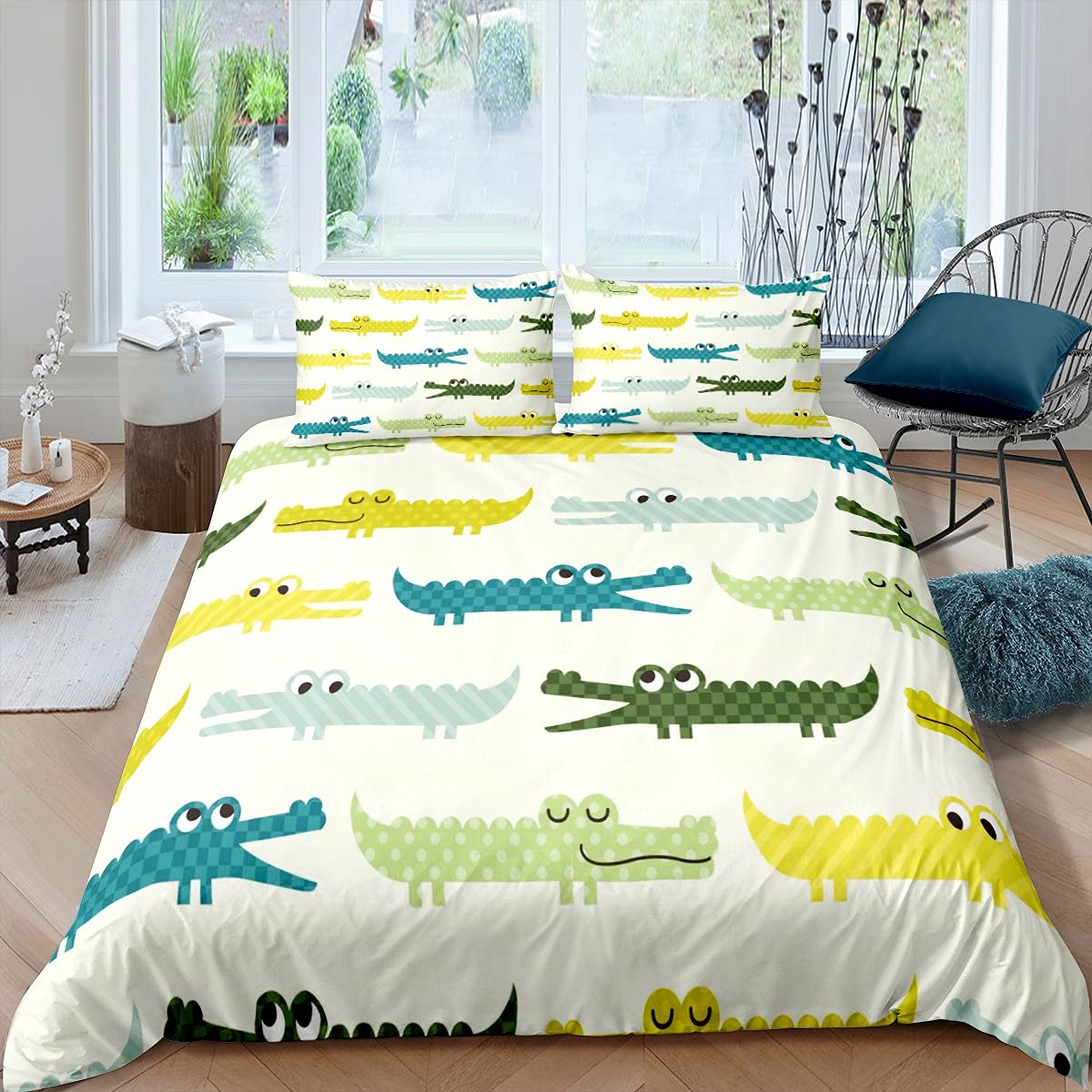 Homewish Jungen Krokodil Bettwäsche-Set 135x200, niedliche Cartoon Tier Bettbezug für Kinder Jungen Wildlife Bunte Tagesdecke Abdeckung Schöne Reptil Tröster Abdeckung Kinder Schlafzimmer Dekor