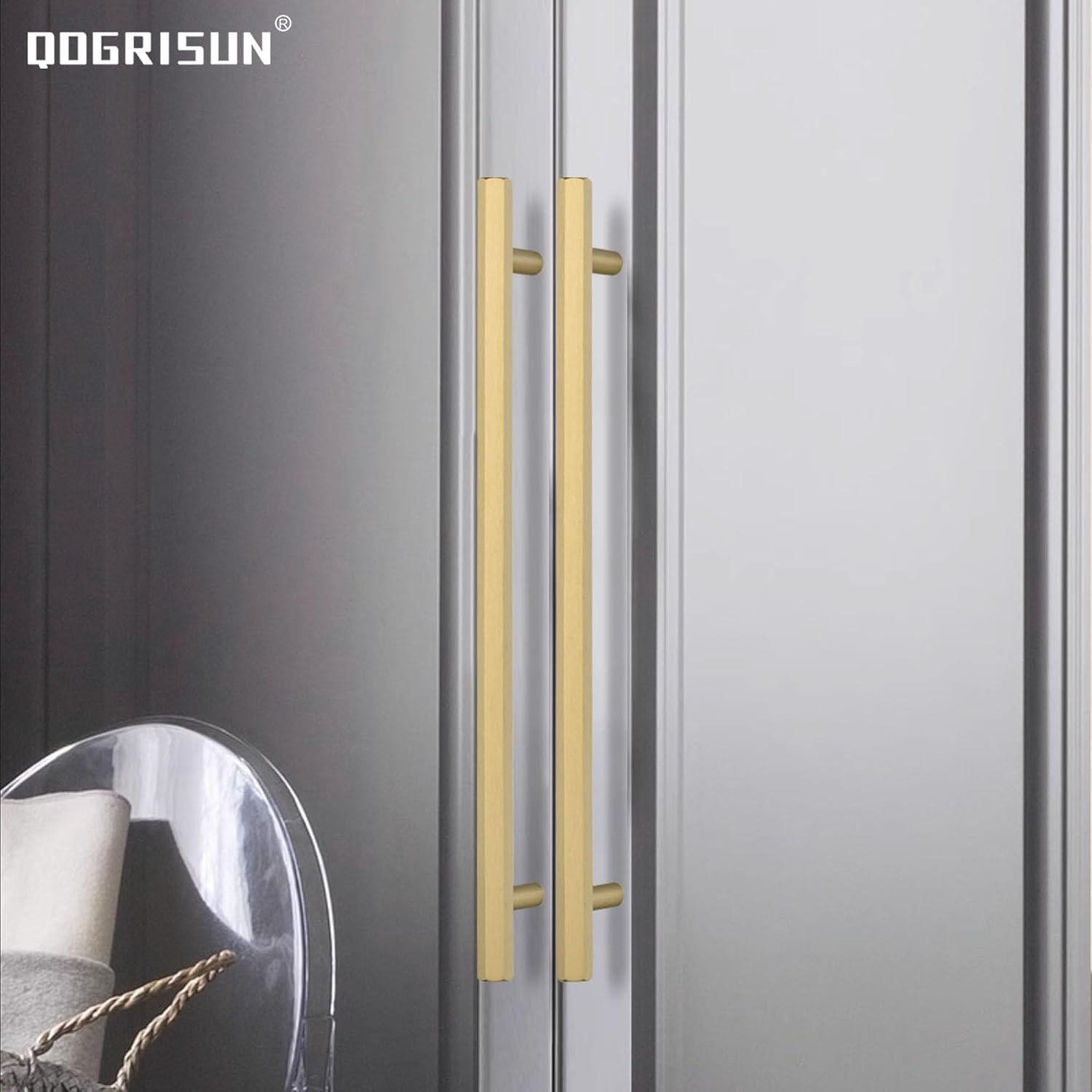 QOGRISUN 2-Pack Solid Brass Cabinet Pulls Hexagon Drawer Handles,11-1/4-Inch Hole Center, Suitable for Kitchen Bathroom Dresser Cupboard Hardware, 13.8-Inch Total Length, Brushed Finish