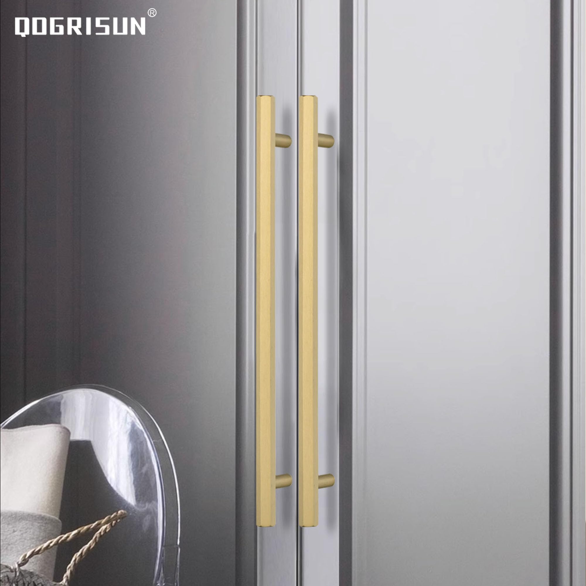QOGRISUN Paquete de 2 tiradores hexagonales de latón macizo para cajones, centro de agujero de 12-3/5 pulgadas, adecuados para accesorios de cocina, baño, tocador, armario, longitud total de 15.1