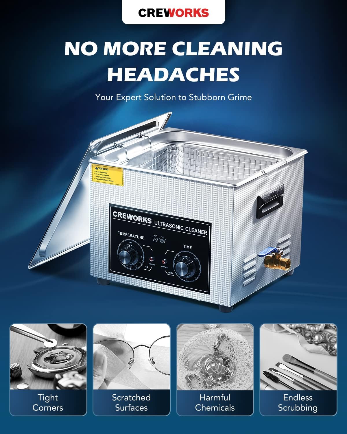 CREWORKS Ultrasonic Cleaner with controls for temperature and time
