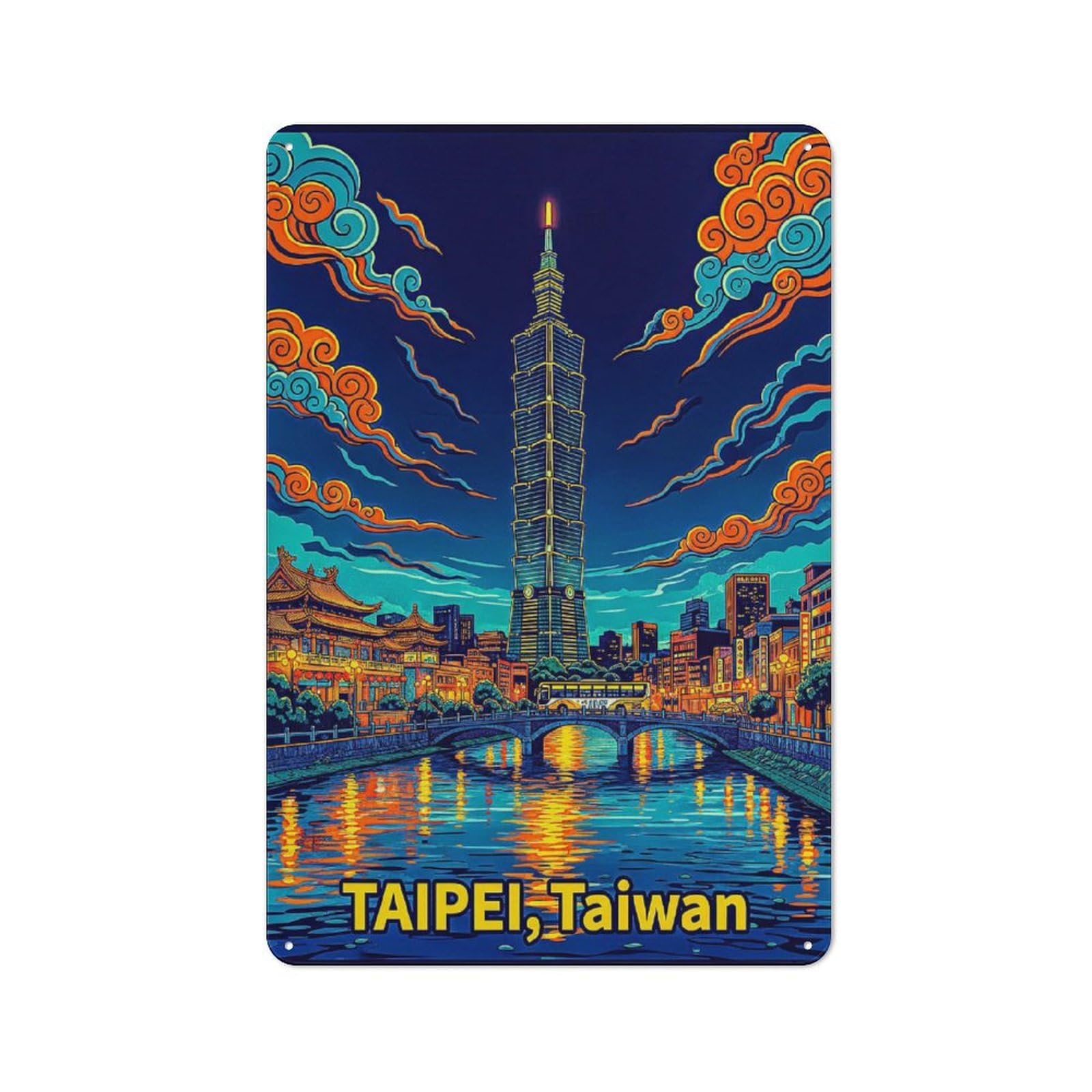 Junmoney Style-6 Decorative Tin Plaque With Taipei Cityscape At Night Design 30X20cm, Nostalgic Home Bar Decor For Bar, Kitchen, Garage Or Games Room