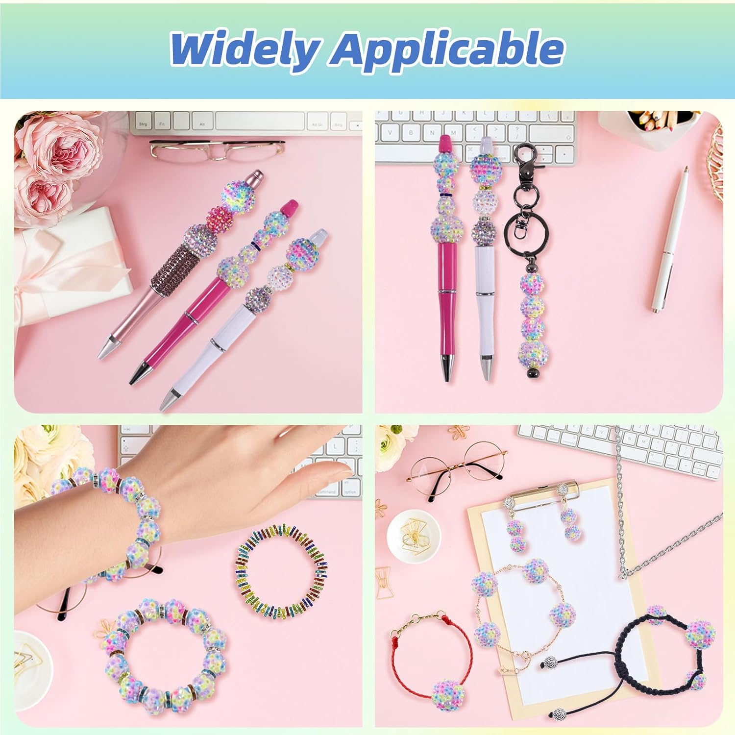 20mm Beads for Pens - 20 Pcs Rhinestone Beads and 220 Pcs Spacer Bead for Beadable Pens - Glitter Acrylic Bubblegum Round Bling Focal Bead for Bracelets - Beaded Pen Supplies (Mix) - Image 3