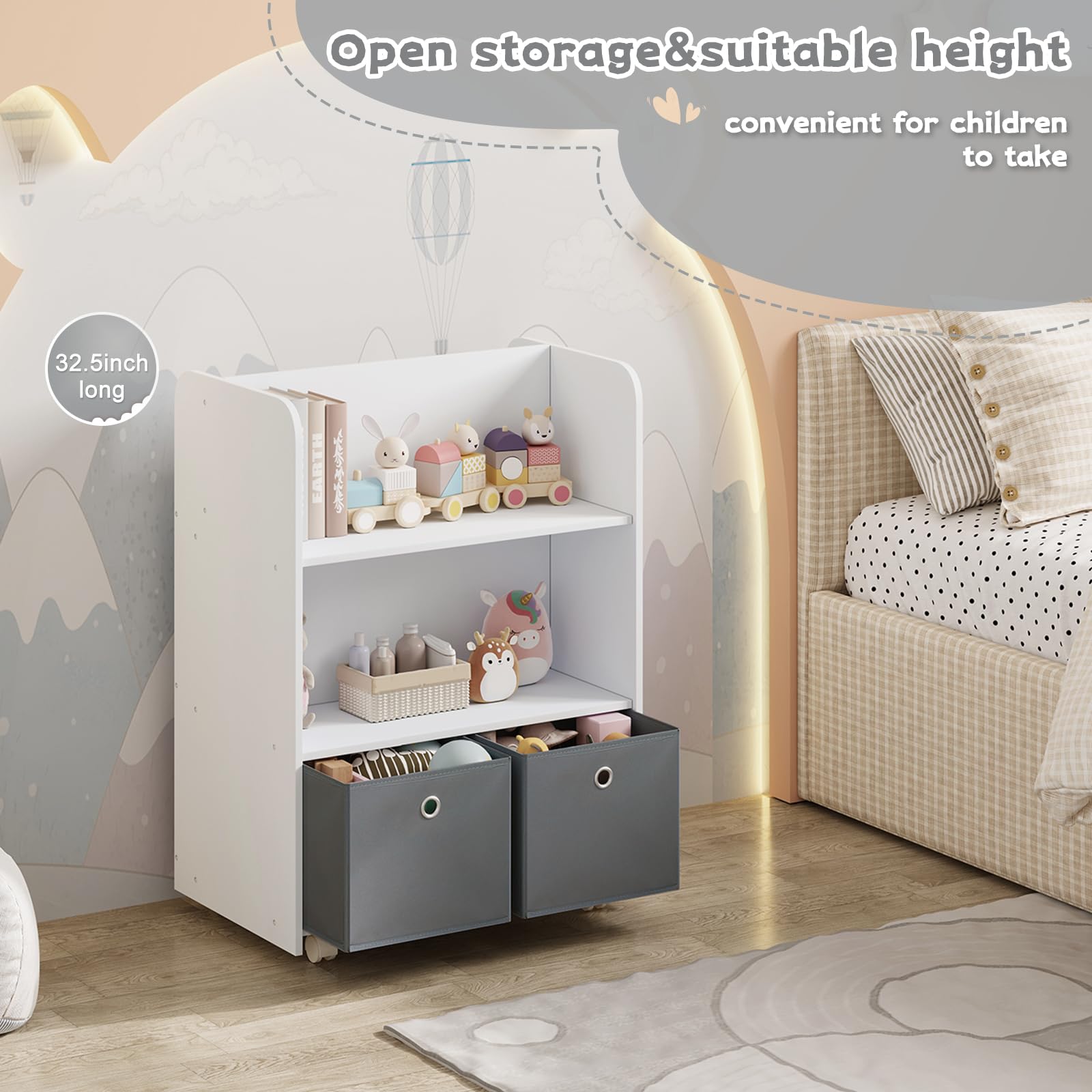 WOLTU Libreria per Bambini con Ruote 2 in 1, Porta Libri e Giocattoli, Libreria a 3 Ripiani e Portagiochi con Scatole e Scomparti Aperti per Camerette, Asili, in Legno, Bianco, 62,5x40x82,5cm