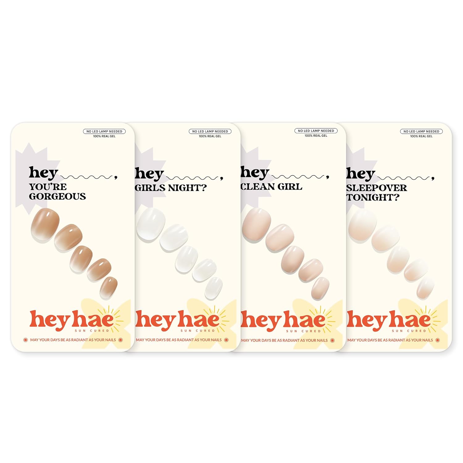 Heyhae Semi Cured Gel Nail Strips Assorted Bundle (4 Pack) | No LED Lamp Needed | Easy Apply & Remove, Salon Quality | Includes Strips, Prep Pads, Nail Files & Wooden Sticks - Everyday Essentials