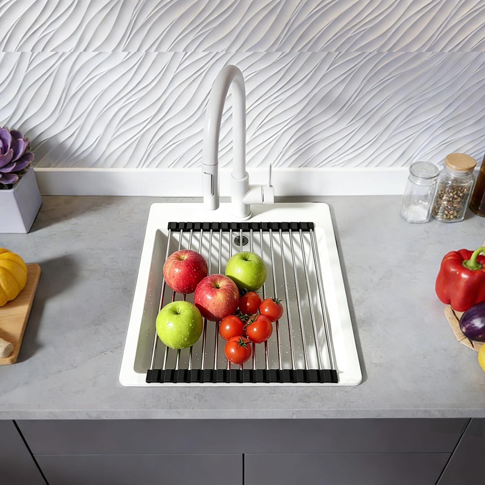 Evier Cuisine en Granit Blanc 38x50cm, Lavabo 1 bac, Évier à Encastrer Mueble 40cm, avec Bonde et Kit de Trop-Plein, Grille Enroulable et Siphon