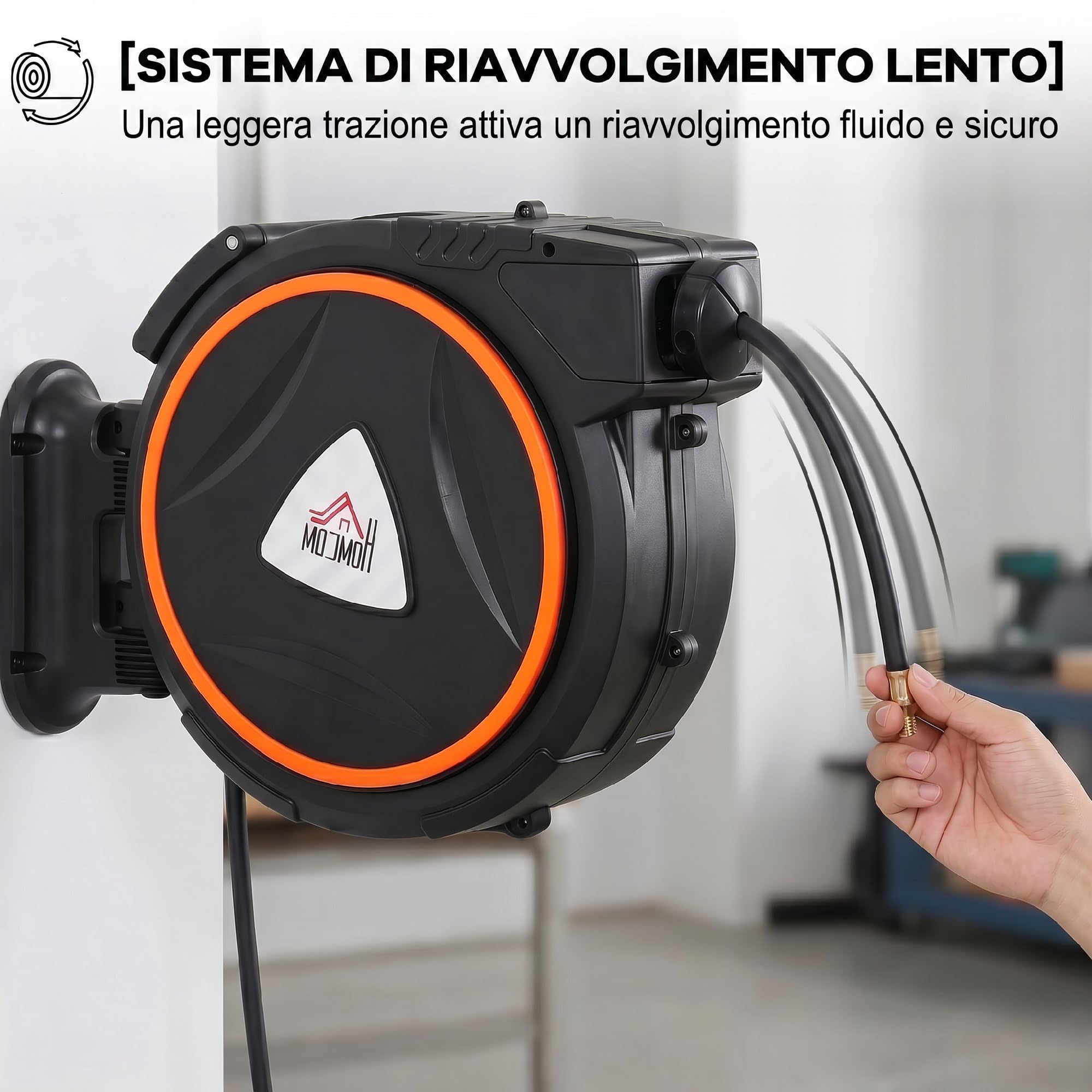 HOMCOM Avvolgitubo Automatico Retrattile 20 m Max 300 Bar Nero e Arancione | Diametro Tubo 13 mm, Montaggio a Parete, Ruotabile di 180°