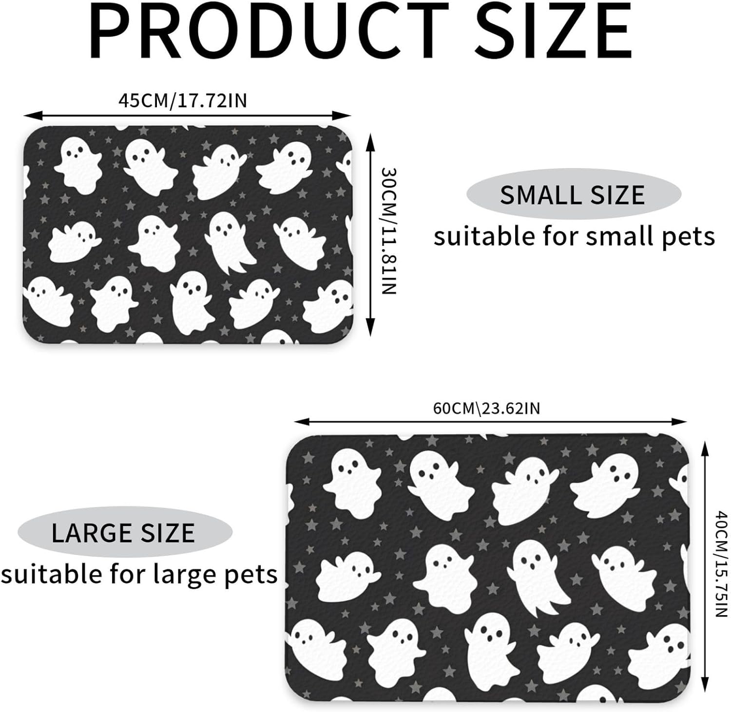 Halloween Ghost Dog Food Mat, Leather Pet Feeding Mat, Cat Mat for Food, Absorbent Pet Placemat for Indoor Outdoor Water Bowl 40x60cm