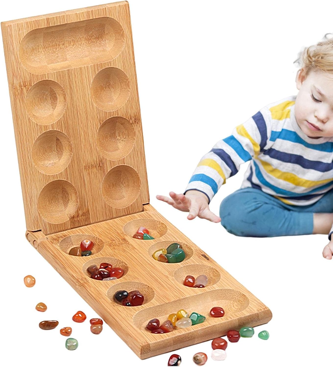 Mancala Board Game, Portable Foldable Wooden Board, Glass Mancala Stones Set, Portable Marble