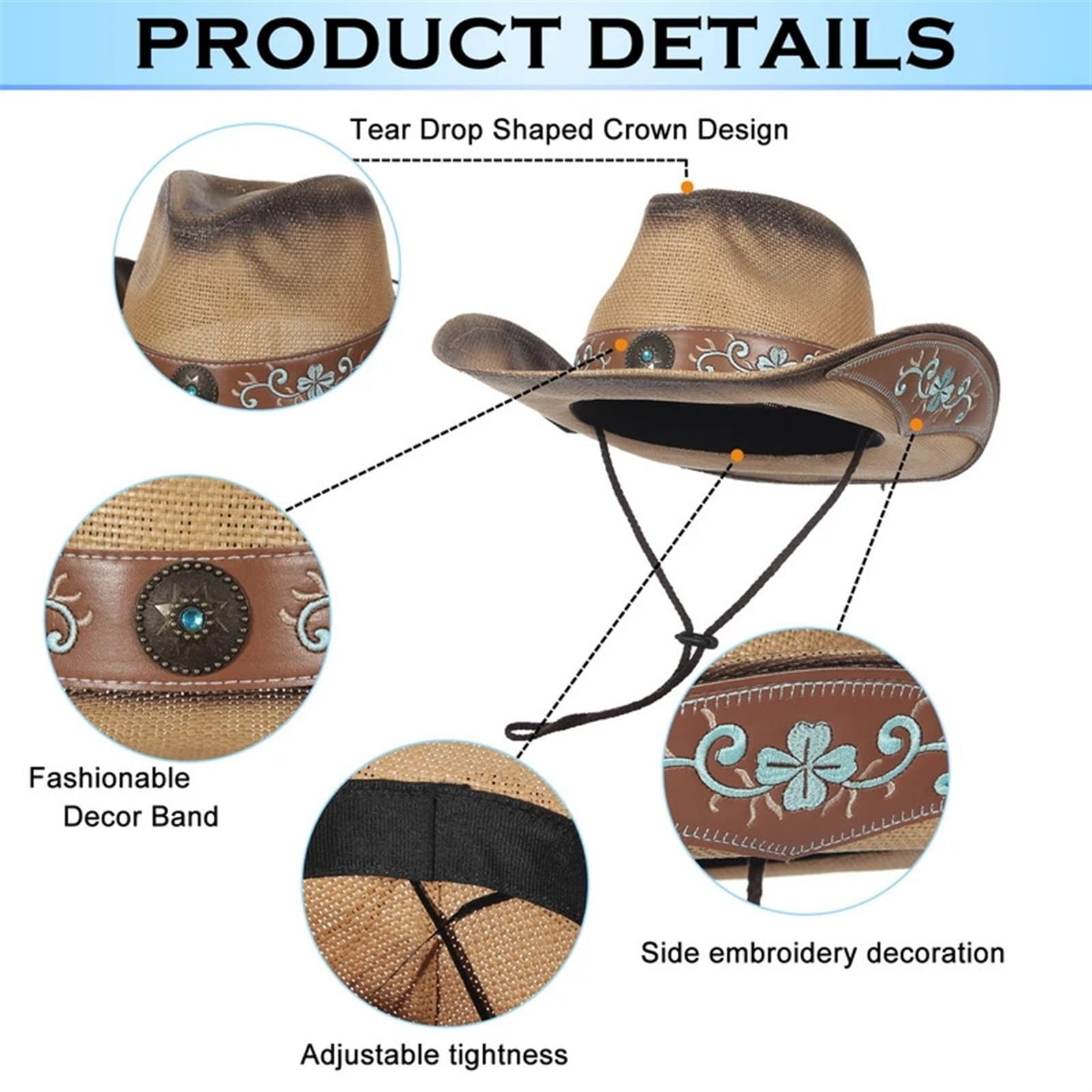 Sombrero Vaquero Hombre Sombrero de Vaquero Occidental Vintage for Hombres ala Ancha Verano al Aire Libre Mujeres Sombrero Paja