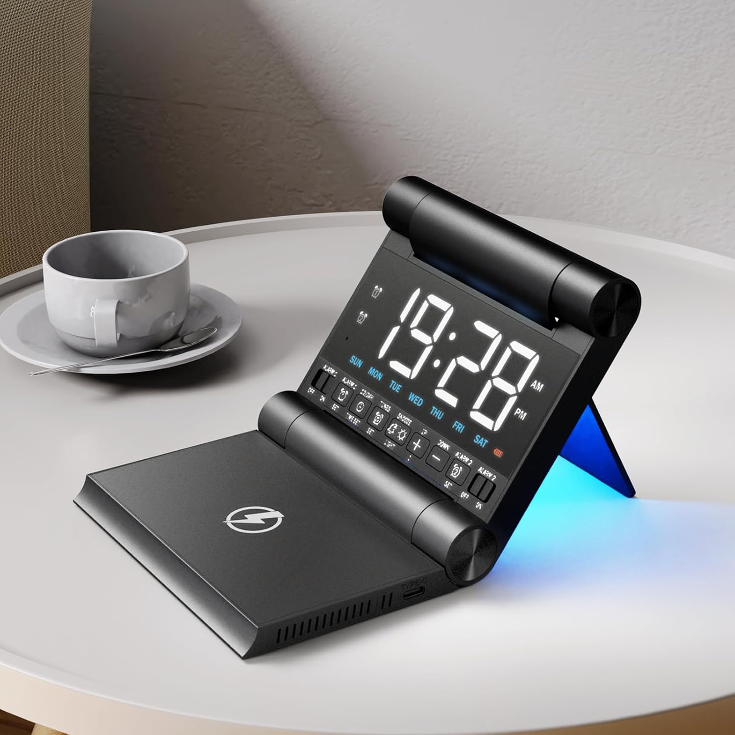 Foldable Alarm Clock Wireless Charger with Atmosphere Lights, Week Display, Dual Alarms, 4 Level Brightness, 6 Speed Volume,8 Music Rightones, Foldable Design, Easily Carry