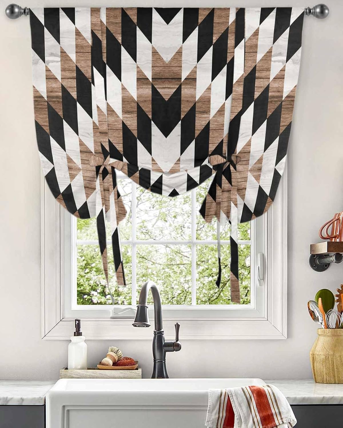 Abstract Aztec Tie Up Curtains for Windows 63 Inch Length Balloon Curtains Kitchen Adjustable Balloon Window Shade Brown Geometric Farmhouse Southwestern Tie Up Valance Bathroom Curtain Window 52"x63"