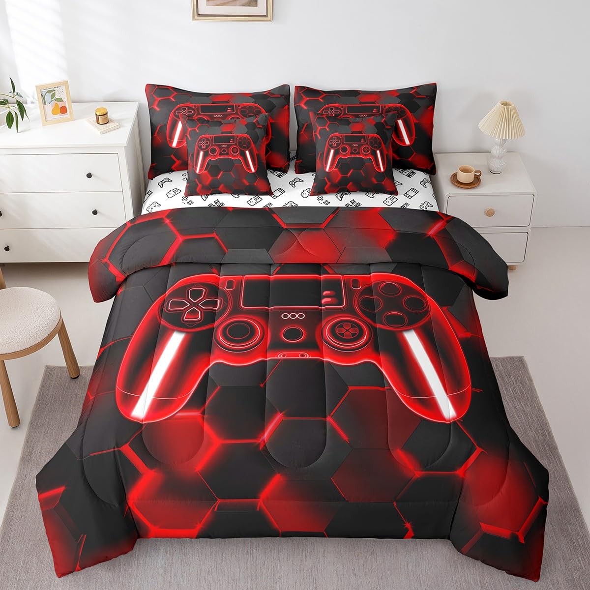 Gamer Bed Set Includes Comforter, Sheet Set, Pillowcases & Pillow Covers Gaming 7 Piece Bedding Set for Kids Boys Girls Room Decor Red and Black Game Console Bed in a Bag Twin Gamepad Honeycomb