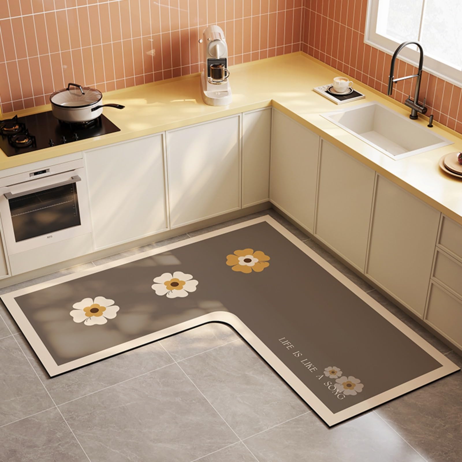 Tapis de cuisine en L anti-glisse et essuyable pour éliminer les taches d'huile