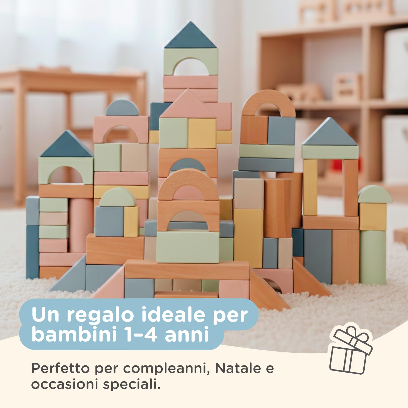 Nene Toys Blocchi di Costruzione in Legno 100 Pezzi – Blocchi Pastello in Legno FSC per Bambini da 1 Anno – Gioco Montessori di Impilamento & Ordinamento – Idea Regalo 1 2 3 Anni Bimbo Bambina