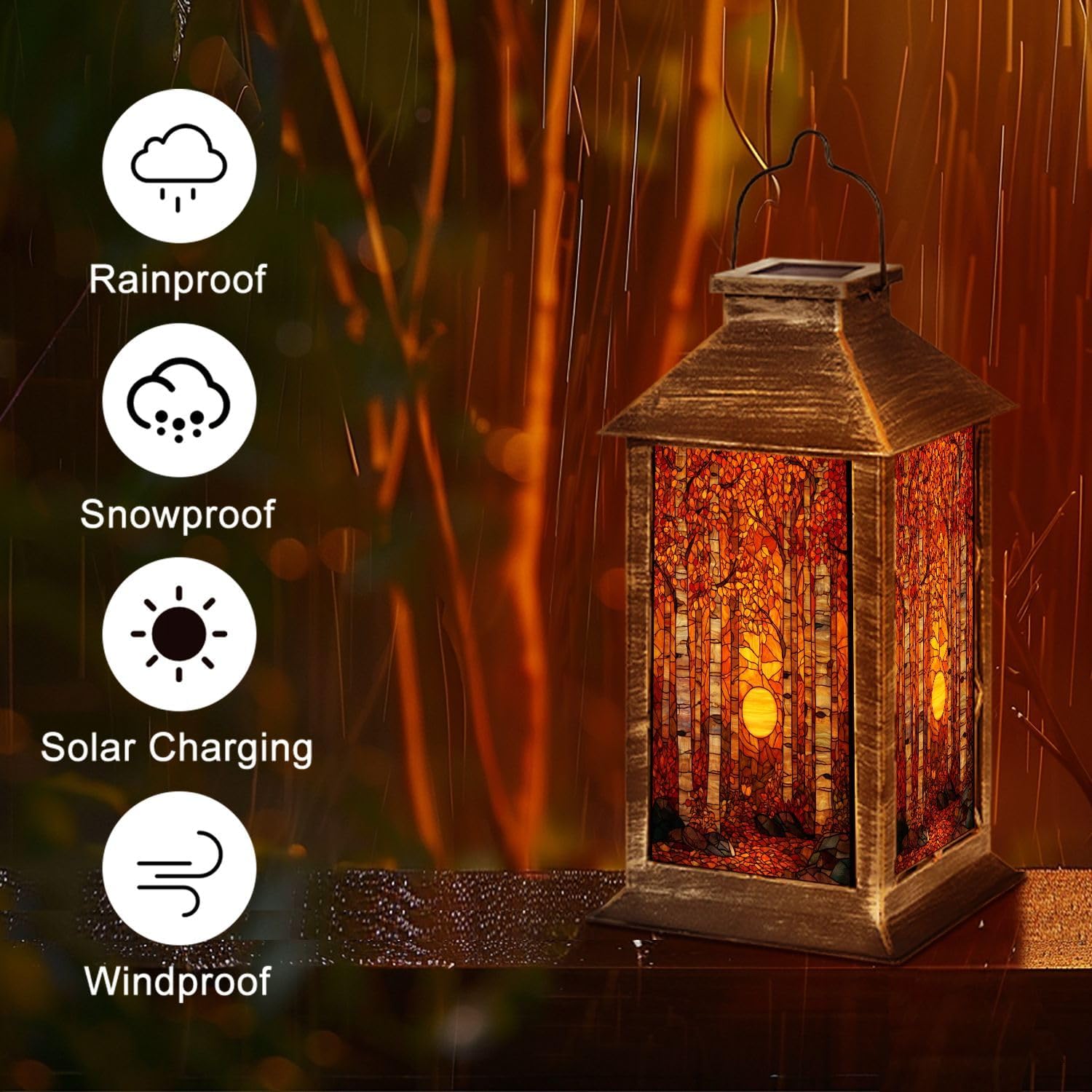 Solar Lantern Autumn Fall Warm Forest Stained Glass Window Birch Tree Maple Leaves Outdoor Garden Hanging Lantern Waterproof Solar Powered Lighting Outside Table Lamp for Deck Yard Camping Patio Decor