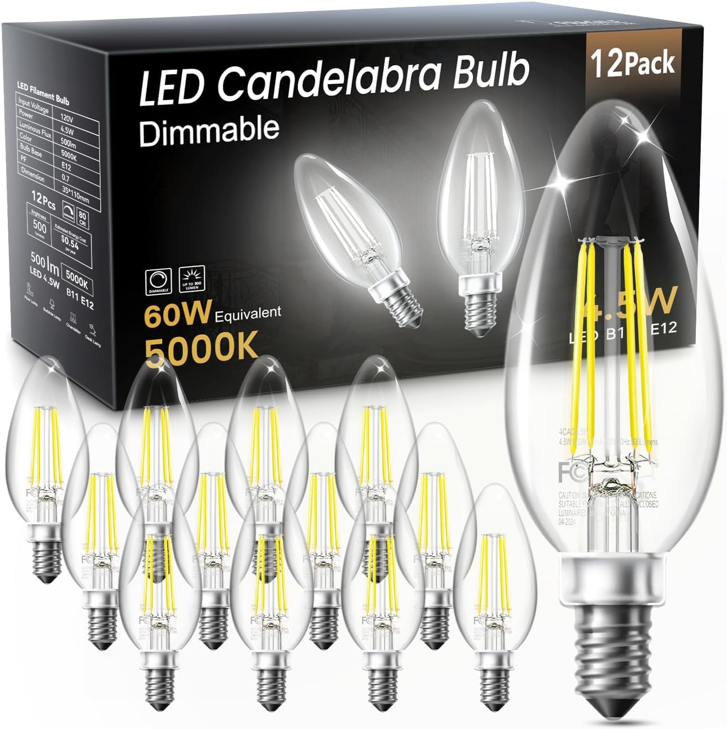 TJOY LED Candelabra Bulbs Dimmable 60W Equivalent Chandelier Light Bulb E12 Small Base 4 5W 5000K Daylight White