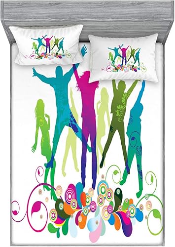 Miniatura 8 de Ambesonne Youth Fitted Sheet & Pillow Sham Set, Dancing Teenagers People Dancing and Jumping Vibrant Silhouettes Floral Border Detail, Decorative