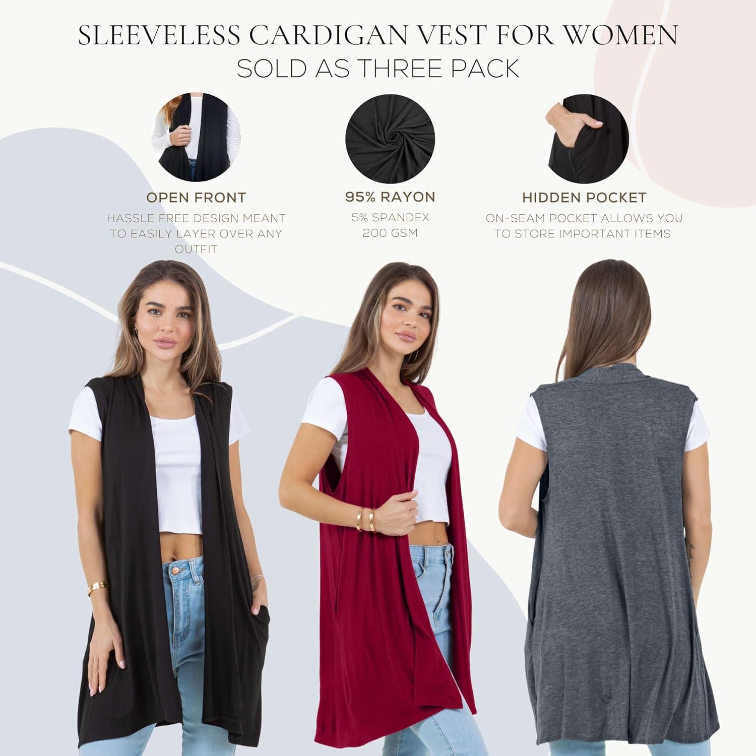 Azules 3 Pack Sleeveless Long Cardigan for Women with Pockets – Lightweight Open Front, Flowy Dressy Layer Casual Wear - Image 5