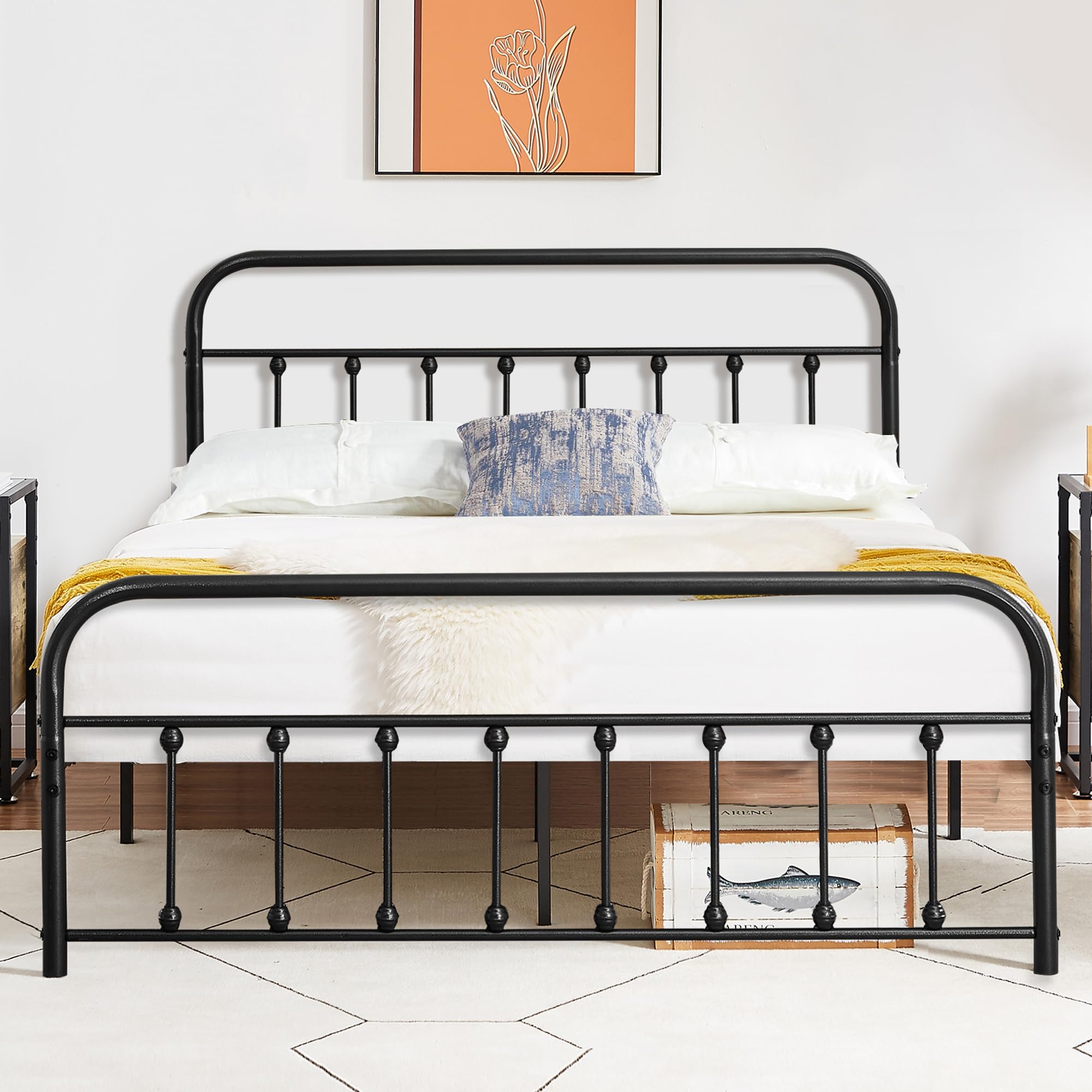 VECELO 4ft6 Double Metal Bed Frame, 135×190cm Platform with Vintage Headboard and Footboard, No Box Spring Needed, Premium Stable Steel Slat Support Mattress Foundation, Underbed Storage Space