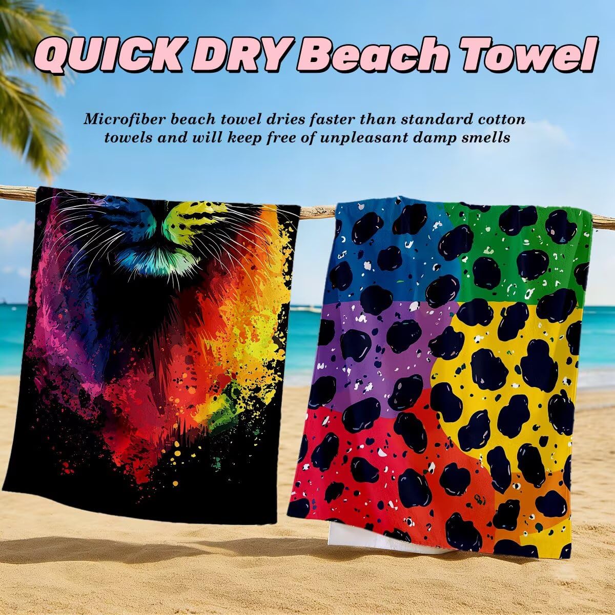 Toalla Playa 80x160 cm, Toalla Gimnasio Microfibra Secado Rapido, Juego de 2 Antiarena Toallas de Playa, Ligera Compacta Toallas Microfibra Grande, Regalo Mujer Hombre (Estampado de leopardo) -5115