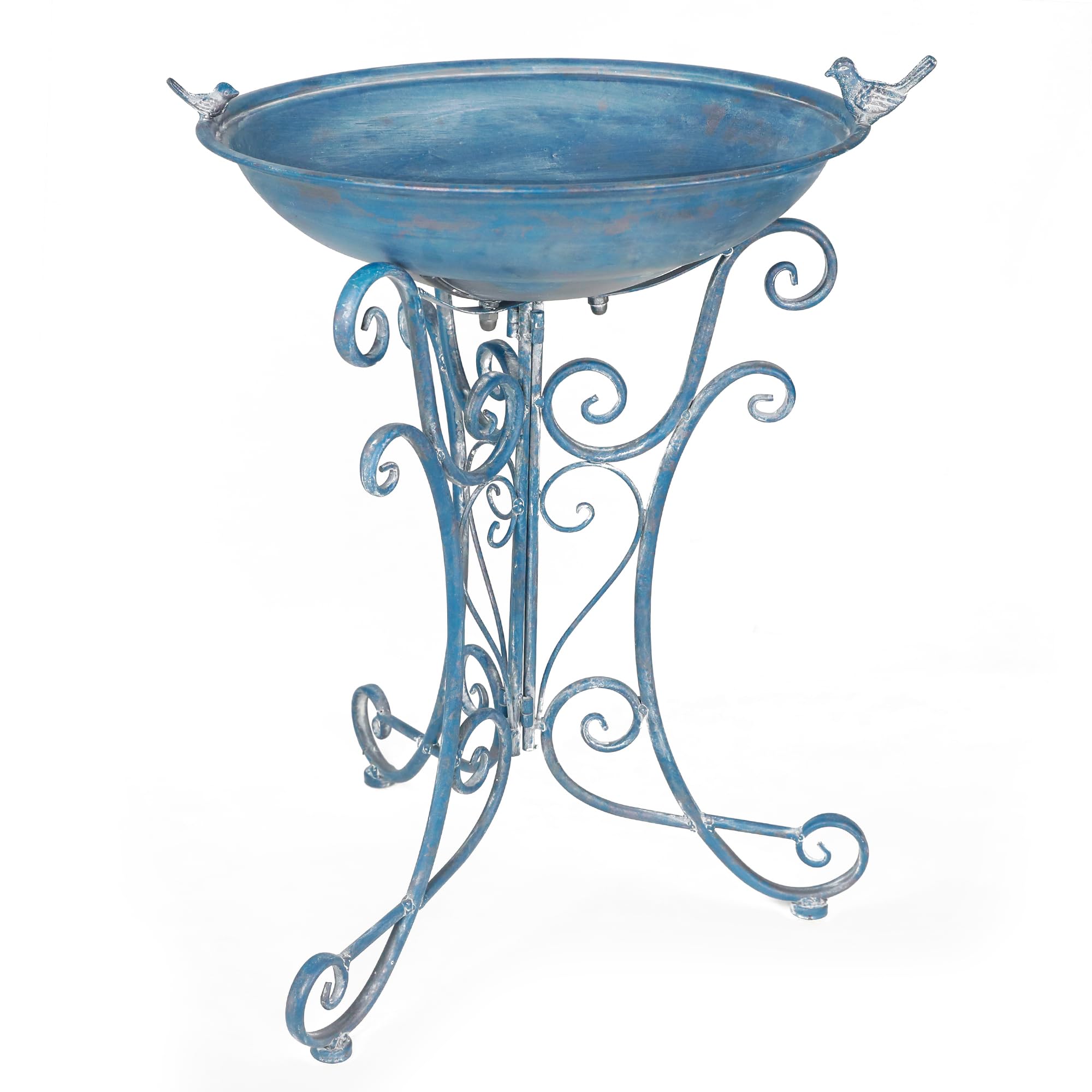 Solution4Patio Vintage Retro Birdbath Large Metal Stand Bird Bath, Foldable, 19.3" Dia x 26.8" H, Handmade, Stable, Easy to Assemble & Clean, with Cast Iron Bird for Lawn Yard Garden Decor, B207A01