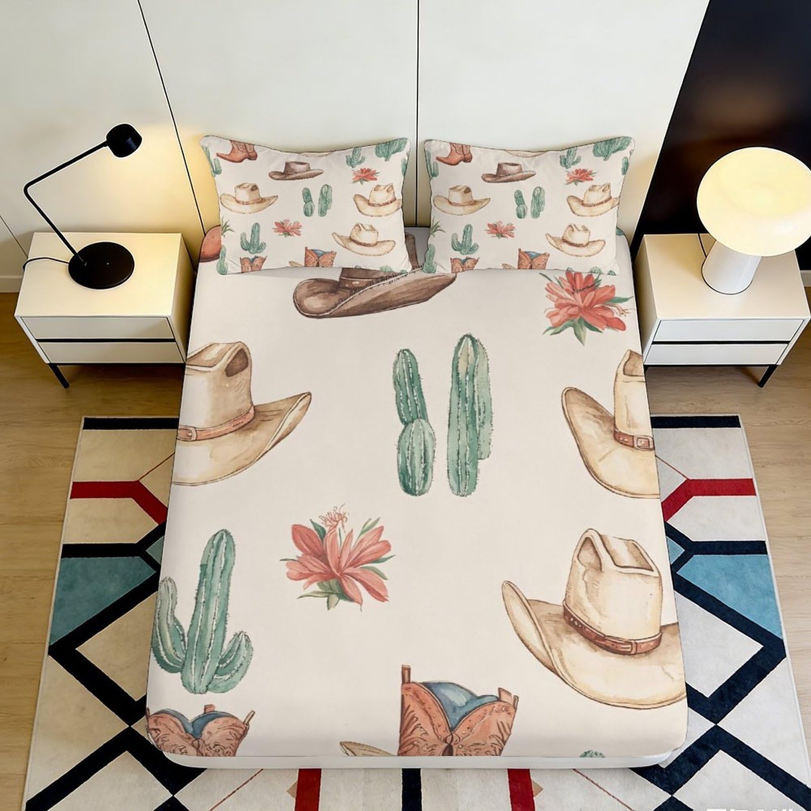 3D Printed Western Cowboy Cactus Fitted Sheet Microfiber Non-Slip Deep Pocket Bedroom Bedding Cactus Mattress Fitted Cover Washable for Adults 90x200x25cm