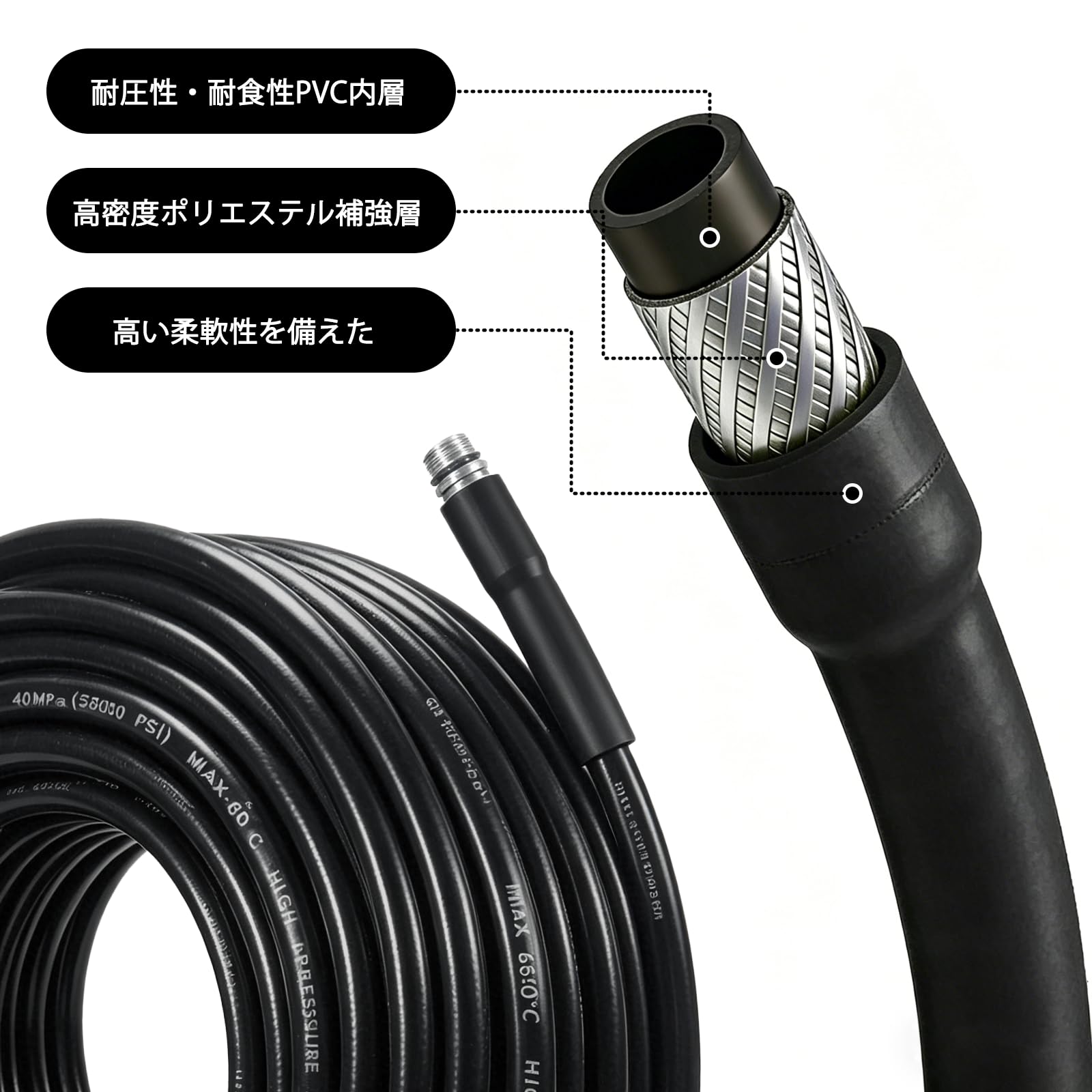 パイプクリーニングホース 20m ケルヒャー用 高圧洗浄機 配管洗浄専用 | ロングタイプ, 逆噴射ロータリーノズル, 排水管・汚水管清掃, K2 K3 K4 K5 K7 JTK対応 業務用レベル 深い管路も対応