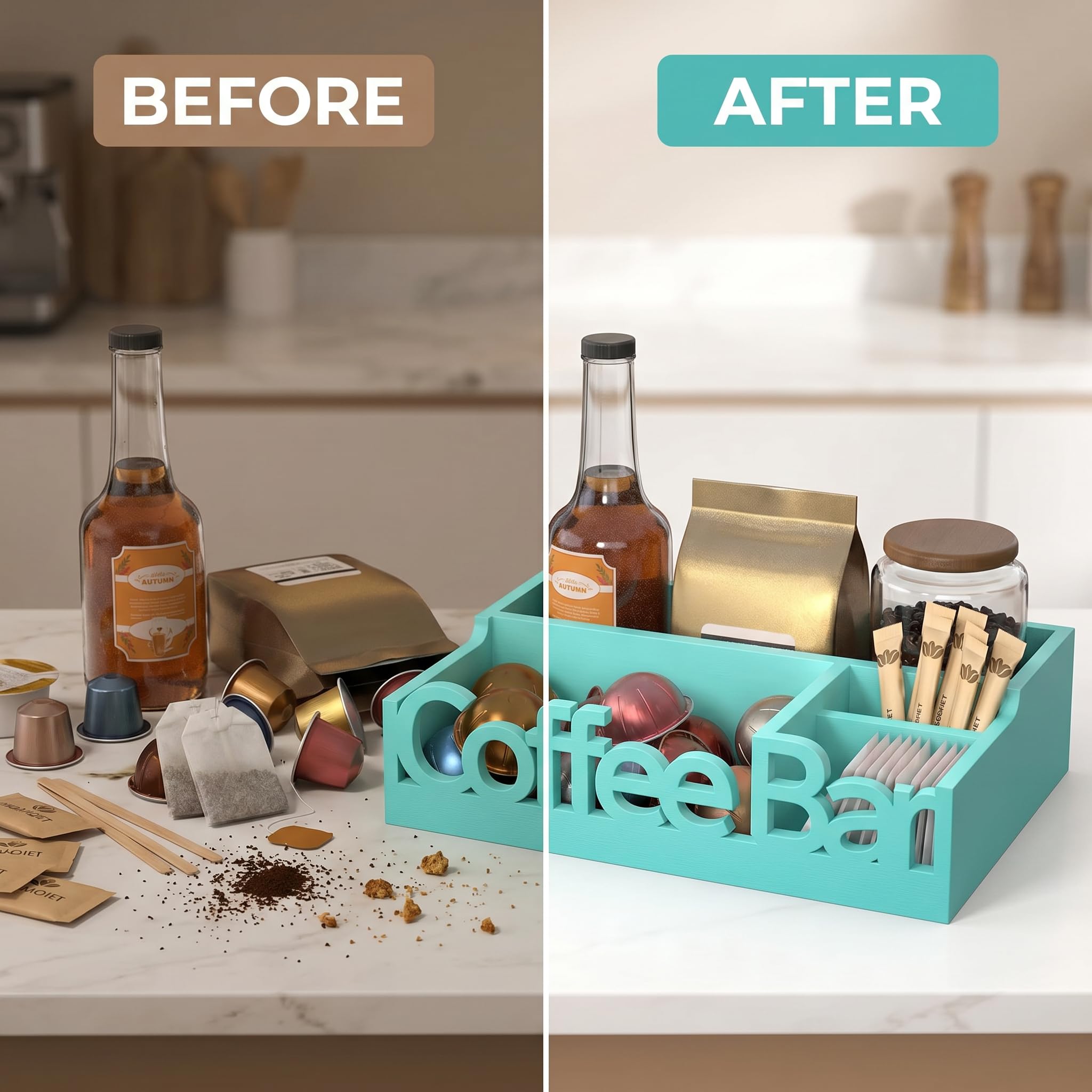 Organizador de barra de café, soporte de madera para cápsulas de café y organizador de condimentos | Cápsulas de café, paquetes de azúcar, varillas y tazas