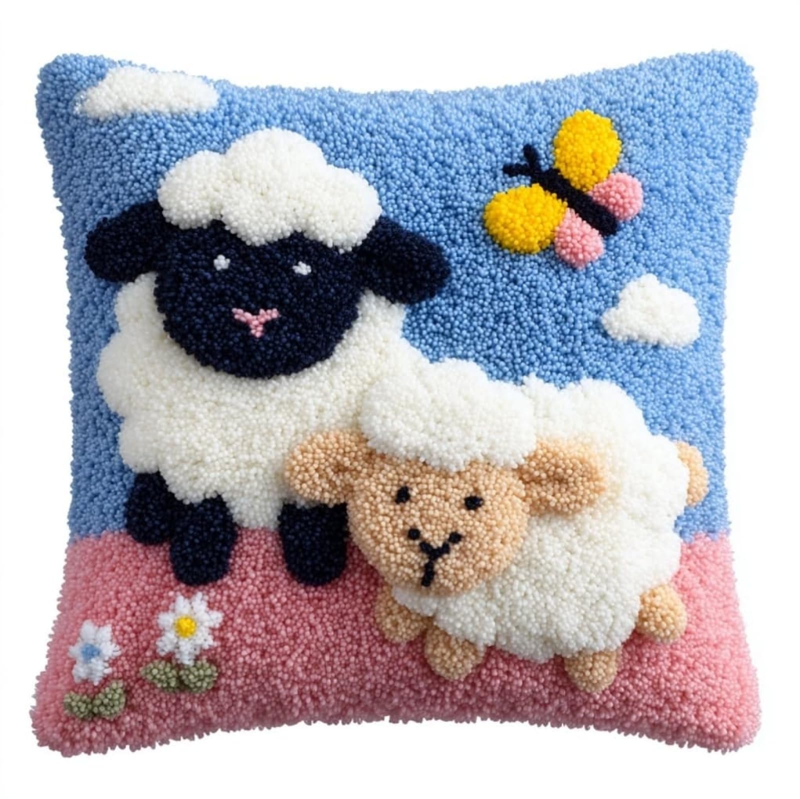 AxiangziK Latch Hook Cushion Kit 43x43cm,Sheep and Butterfly Beginner Friendly Needlecraft Set,Easy Latch Hook Kit for Home Decor