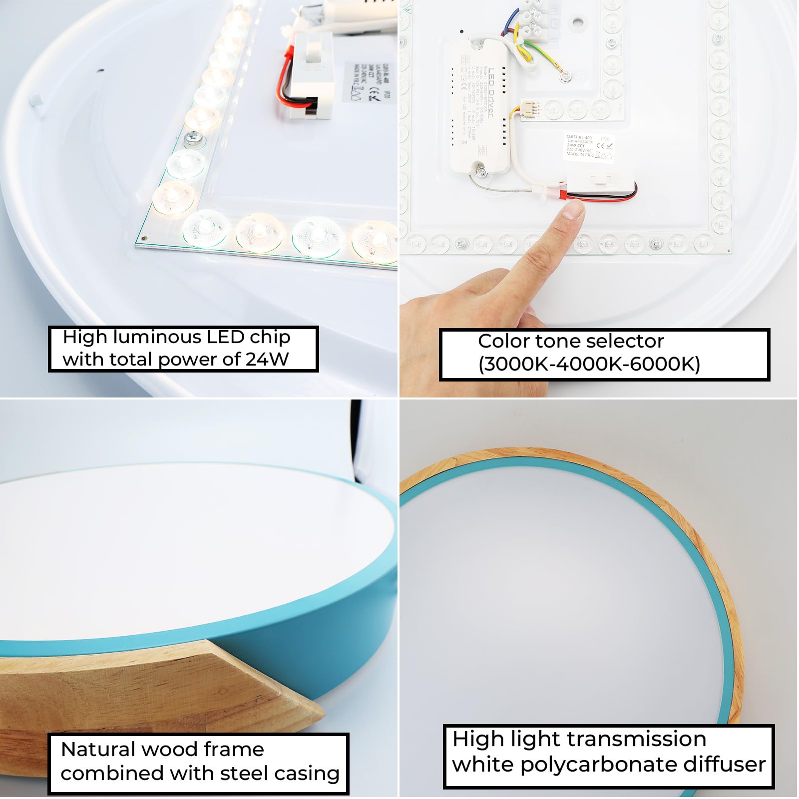 Alpinaluz Plafón LED Ø40 cm Azul y Madera – 30W con CCT Ajustable (3000K/4000K/6000K) – Diseño Nórdico Moderno en Metal y Madera para Salón, Dormitorio u Oficina