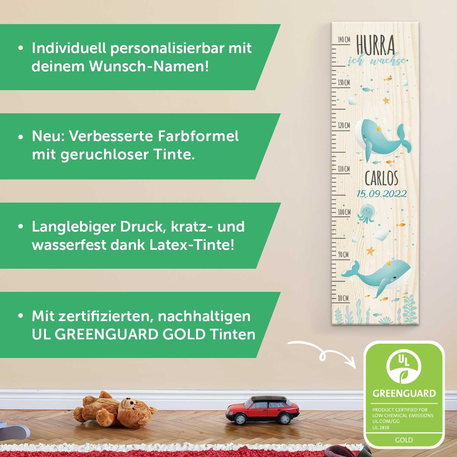 GRAVURZEILE Messlatte für Kinder aus Holz - Wal Design - mit Namen & Datum für Kinderzimmer - Skala misst 80-140 cm - Größe 20 x 70 x 2 cm - Geschenk zur Geburt für Mädchen & Jungen